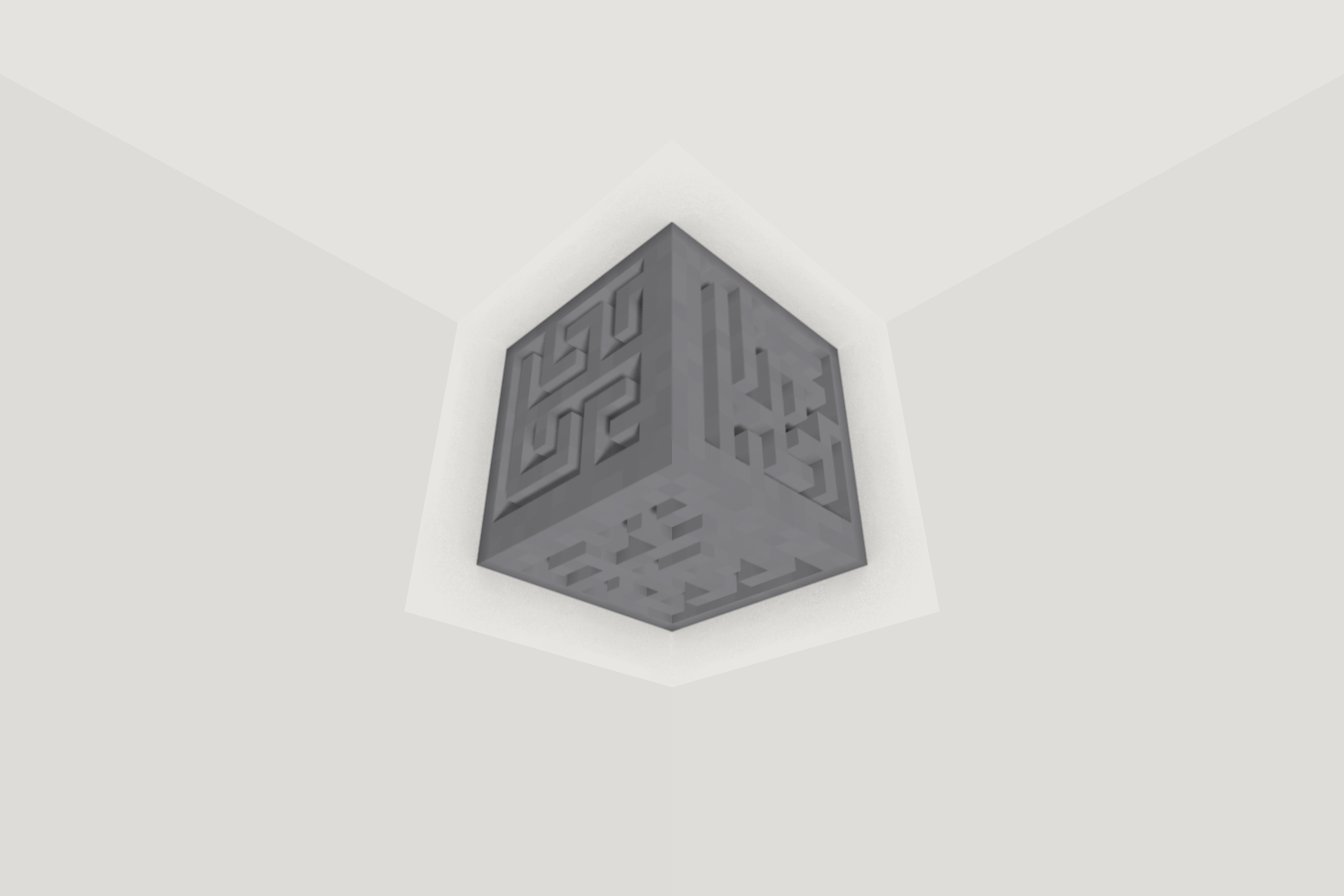Simulated view of a grey 3D maze cube hanging in an upper room corner, seen from the intended viewing position
